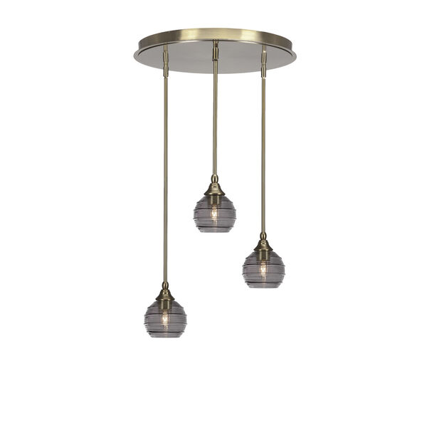 Empire New Age Brass Three-Light Cluster Pendalier with Six-Inch Smoke Ribbed Glass, image 1