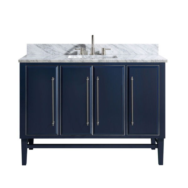 Navy Blue 49-Inch Bath vanity Set with Silver Trim and Carrara White Marble Top, image 1
