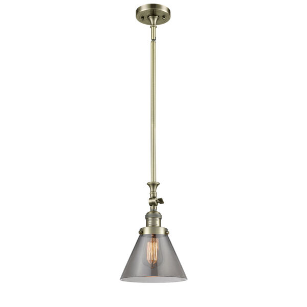 Large Cone Antique Brass One-Light Hang Straight Swivel Mini Pendant with Smoked Glass, image 1