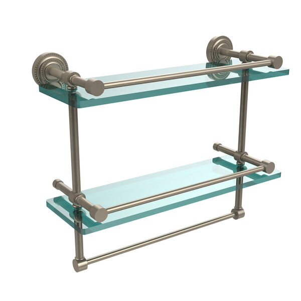 Dottingham 16 Inch Gallery Double Glass Shelf with Towel Bar, Antique Pewter, image 1