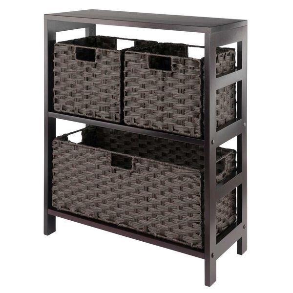Leo Espresso Storage Shelf with Three Foldable Woven Baskets, 4-Piece, image 1