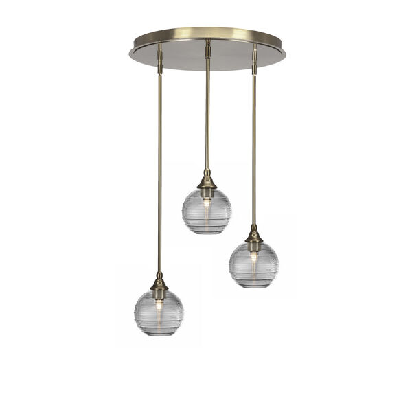 Empire New Age Brass Three-Light Cluster Pendalier with 10-Inch Clear Ribbed Glass, image 1