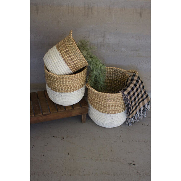 White Dipped Seagrass Hamper with Handle, Set of Three, image 1