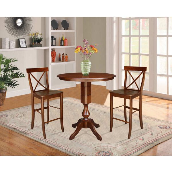 Espresso 36-Inch Round Pedestal Bar Height Table with X-Back Stools, 3-Piece, image 2