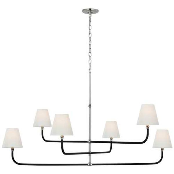 Basden Polished Nickel and Black Six-Light Grande Chandelier with Linen Shades by Chapman and Myers, image 1