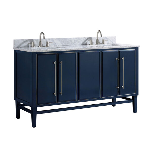 Navy Blue 61-Inch Bath vanity Set with Silver Trim and Carrara White Marble Top, image 2