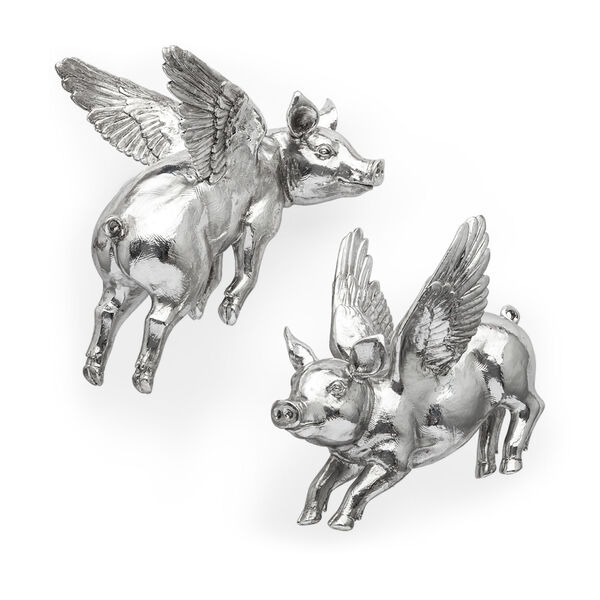 Hogbadi Silver Flying Pig Wall Sculpture, Set of Two, image 1