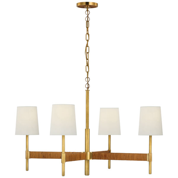 Elle Large Chandelier in Hand-Rubbed Antique Brass and Dark Rattan with Linen Shades by Suzanne Kasler, image 1