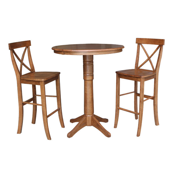 Distressed Oak 42-Inch Round Extension Dining Table with Two X-Back Stool, image 1