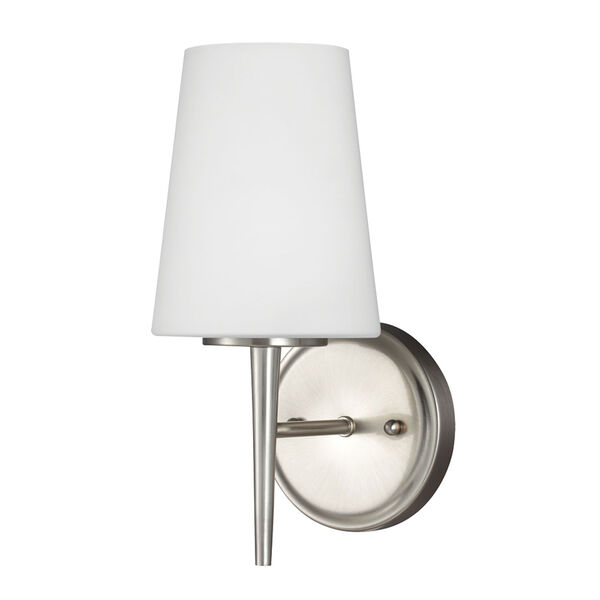Driscoll Brushed Nickel One Light Bathroom Wall Sconce with Etched Glass Painted White Inside, image 1