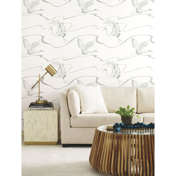 White and Silver 27 In. x 27 Ft. Soaring Cranes Wallpaper, image 1