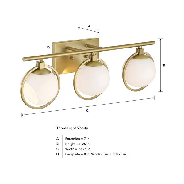 Teatro Brushed Gold Three-Light Bath Vanity with Etched Opal Glass Shades, image 4