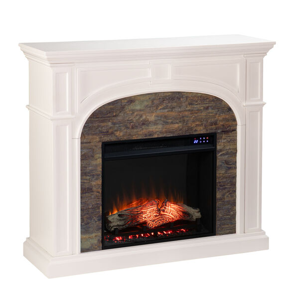 Tanaya White Electric Fireplace with Faux Stone, image 2