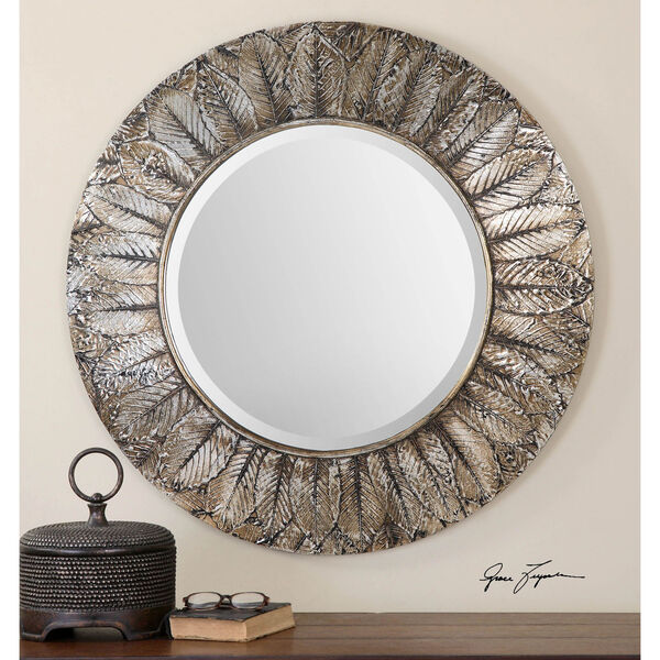 Foliage Layered Natural Distressed Silver Leaf Round Mirror, image 1