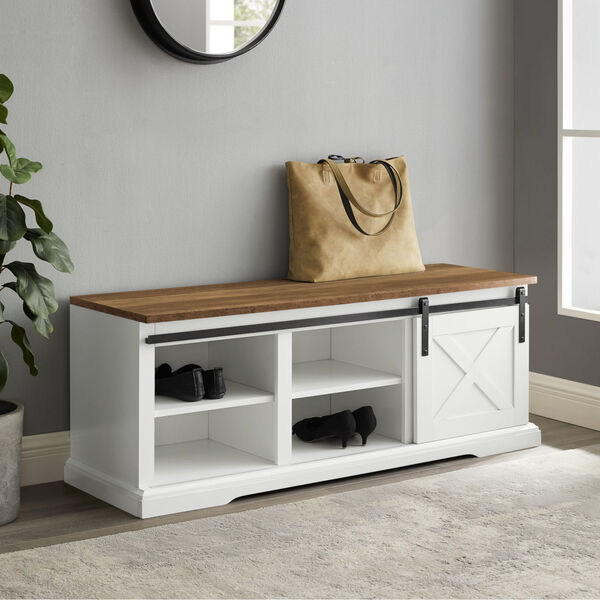 White and Barnwood Entry Bench with Storage, image 2