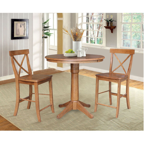 Distressed Oak 36-Inch Round Extension Dining Table with Two X-Back Stool, image 3