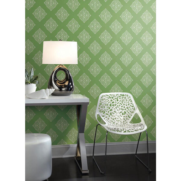 Ashford House Tropics Medium Green and White Henna Tile Wallpaper: Sample Swatch Only, image 2