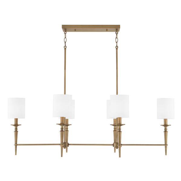 Abbie Aged Brass Six-Light Island Chandelier with White Fabric Stay Straight Shades, image 1