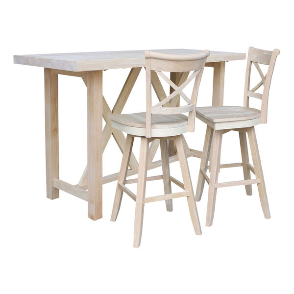 Natural Bar Height Table With Two Cross Back Swivel Bar Stool, Three-Piece, image 1