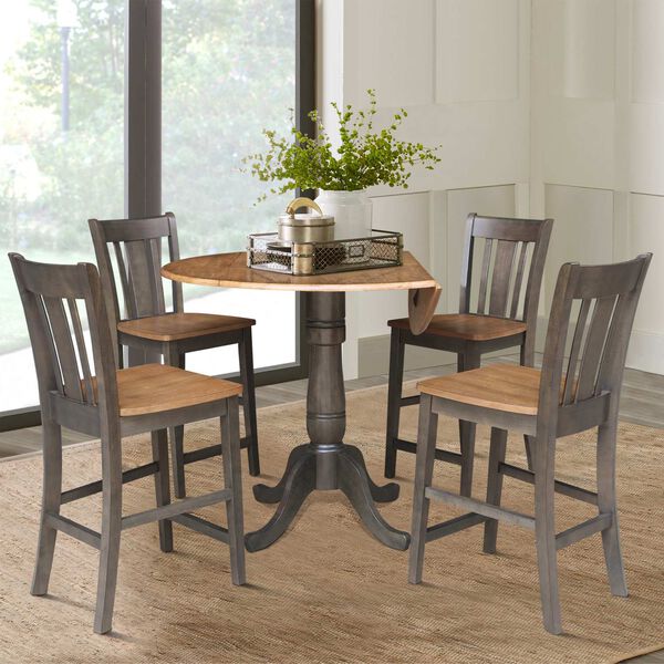 Hickory Washed Coal Round Dual Drop Leaf Counter Height Dining Table with 2 Splatback Stools, 5 Piece Set, image 4