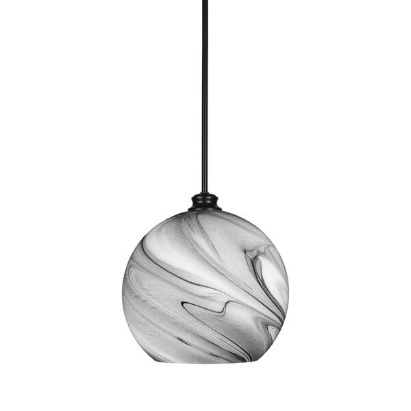 Kimbro Matte Black 14-Inch One-Light Stem Hung Pendant with Onyx Swirl Glass Shade, image 1