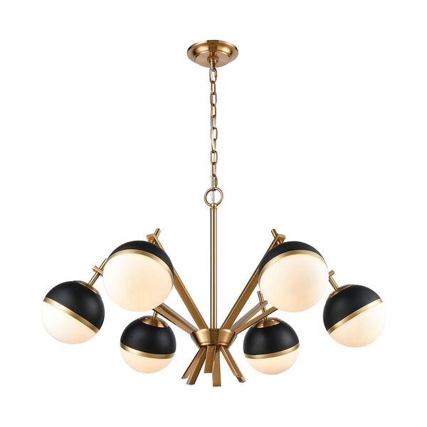 Blind Tiger Aged Brass with White Glass Six-Light Chandelier, image 1