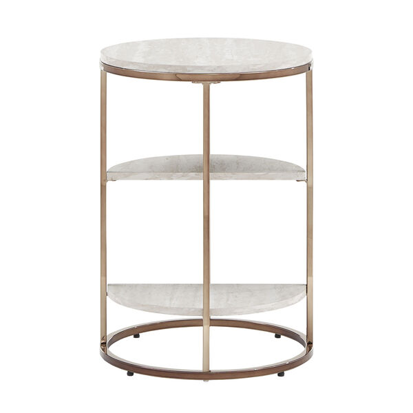 Olympia Champagne Gold and White Side Table with Faux Marble Top and Shelf, image 2