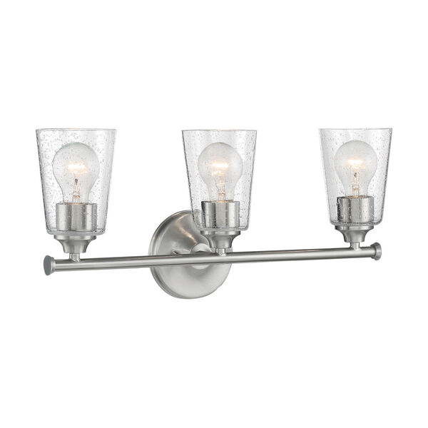 Bransel Brushed Nickel Three-Light Bath Vanity with Clear Seeded Glass, image 1