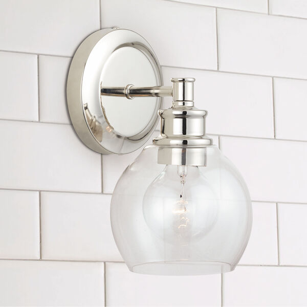 Mid-Century Polished Nickel One-Light Sconce with Clear Glass, image 2