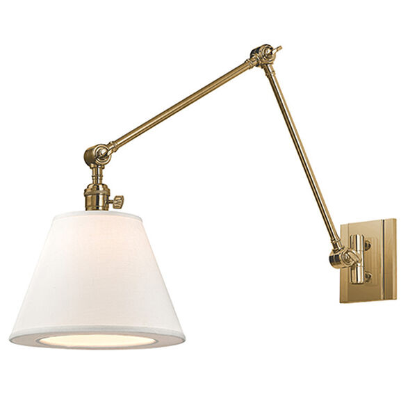 Rae Aged Brass One-Light Swing Arm Wall Sconce with White Shade, image 1