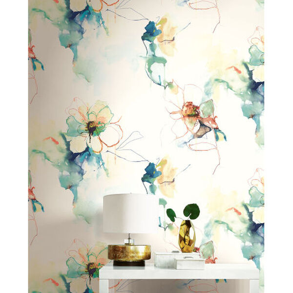 Living with Art Turquoise and Persimmon Anemone Watercolor Floral Unpasted Wallpaper, image 1