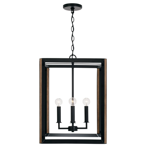 Rowe Matte Black and Brown Wood Four-Light Chandelier, image 1