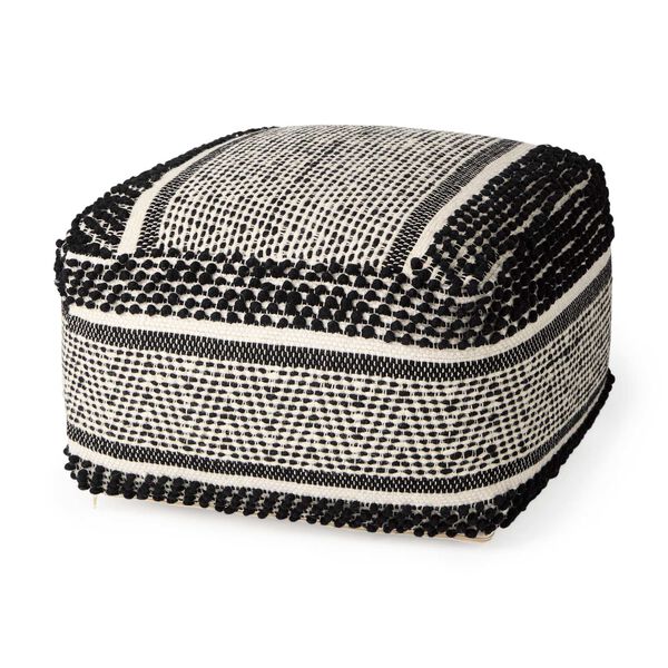 Garima Black and White Wool and Cotton Patterned Pouf, image 1