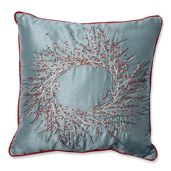 Blue 18-Inch Christmas Wreath Throw Pillow, image 1