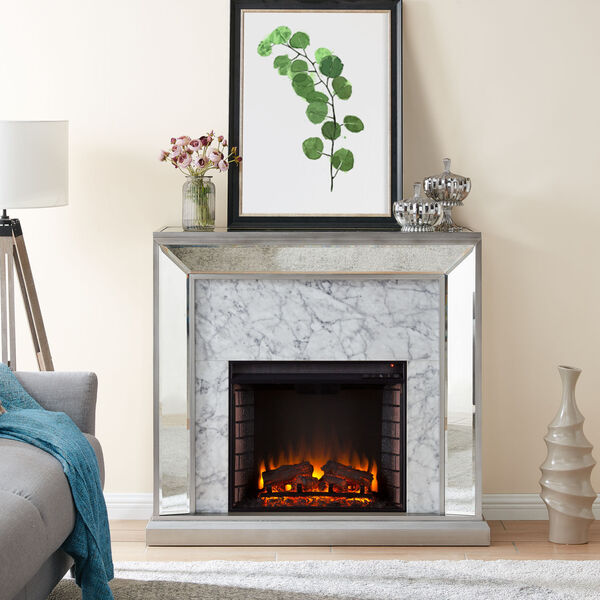Trandling Antique Silver Mirrored Faux Marble Electric Fireplace, image 1