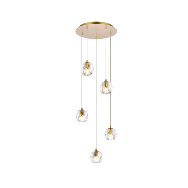 Eren Gold 12-Inch Five-Light Pendant with Royal Cut Clear Crystal, image 1