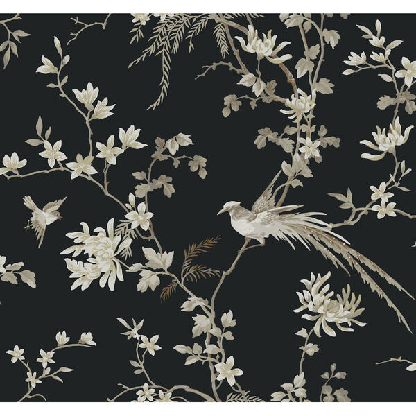 Ronald Redding 24 Karat Black Bird And Blossom Chinoserie Wallpaper, image 2
