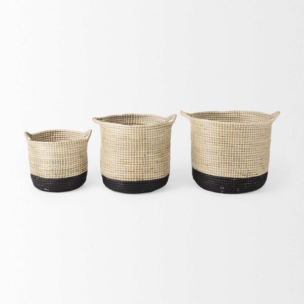 Maddie Brown and Black Dipped Seagrass Basket with Handle, Set of 3, image 2