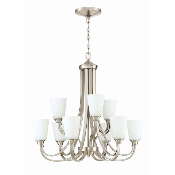 Grace Brushed Nickel Nine-Light Chandelier with White Frosted Glass Shade, image 1