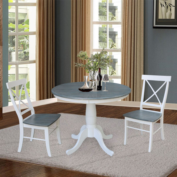 White and Heather Gray 36-Inch Round Top Pedestal Table With Two X-Back Chairs, Three-Piece, image 2
