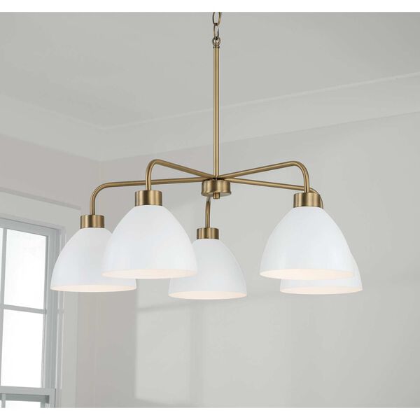 Ross Aged Brass and White Five-Light Chandelier, image 2