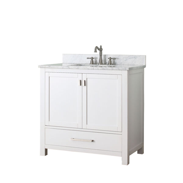 Modero White 36-Inch Sink Vanity with Carrera White Marble Top, image 2