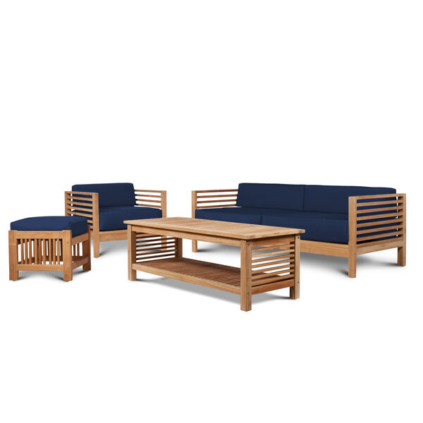 Summer Natural Teak Five-Piece Outdoor Deep Seating set with Subrella Navy Blue Cushion, image 3