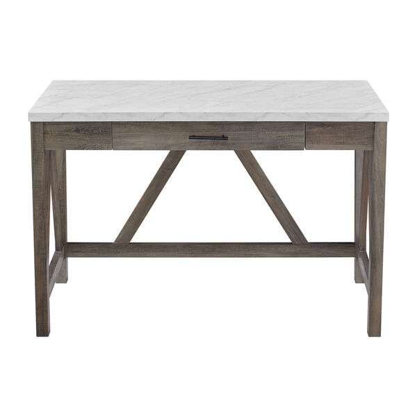 A-Frame Faux White Marble and Grey Wash 46-Inch Computer Desk with Drawer, image 5