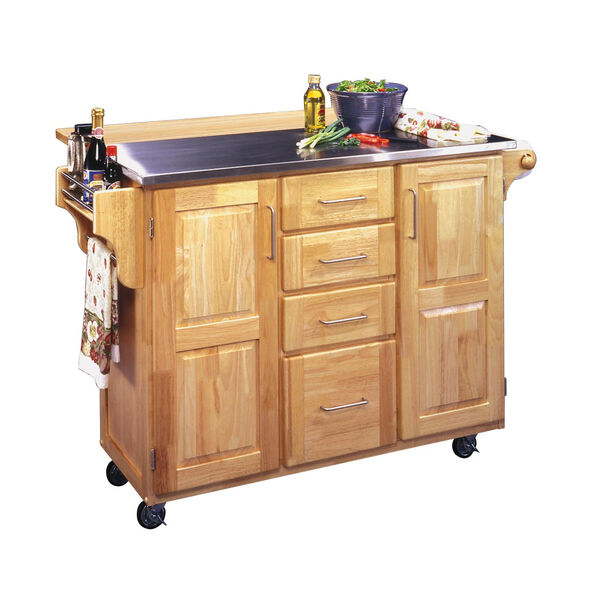 Stainless Steel Top Kitchen Cart with Wood Breakfast Bar, image 1
