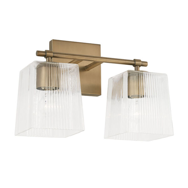 Lexi Aged Brass Two-Light Bath Vanity with Clear Fluted Square Glass Shades, image 1