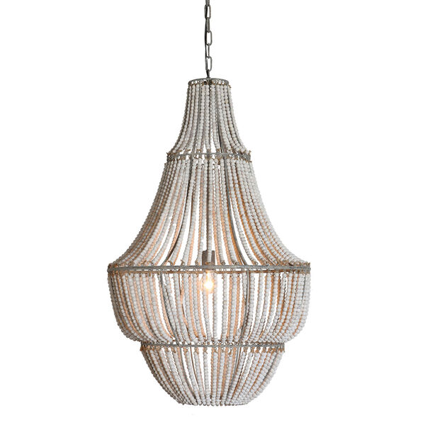 White Wash One-Light Metal and Wood Bead Chandelier, image 1