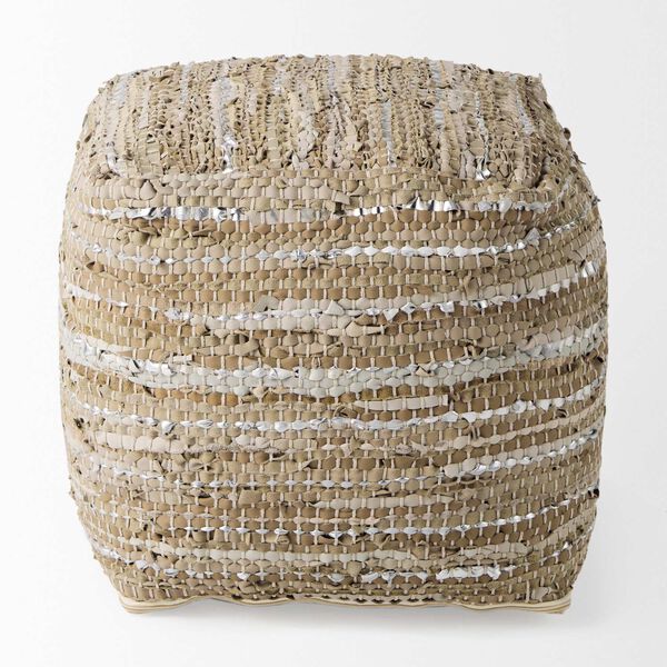 Aadhya Taupe and Silver Leather and Cotton Pouf, image 4