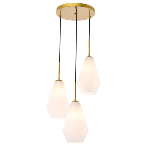 Gene Brass Three-Light Pendant with Frosted White Glass, image 1