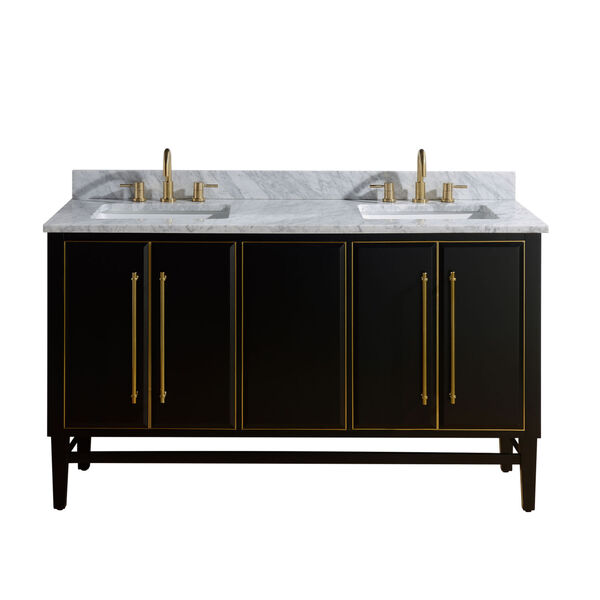 Black 61-Inch Bath vanity Set with Gold Trim and Carrara White Marble Top, image 1